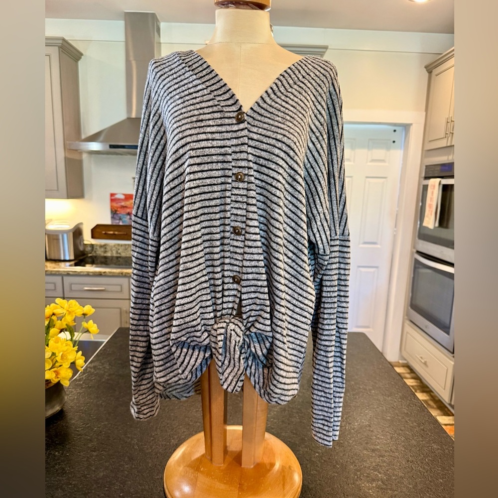 Striped Gray Button-Up Women Sweater